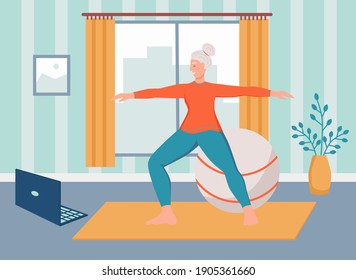 An elderly woman does yoga at home. The concept of active old age, sports, and yoga. Day of the elderly. Flat cartoon vector illustration.