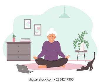An elderly woman does yoga on the floor in the room. A gray-haired old lady is engaged in gym online at home, watching a laptop. Vector graphics.