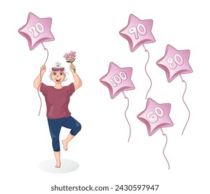 An elderly woman does yoga. Sports at any age. Health at 100, 90, 80, 70 and 60 years old. Elderly woman is engaged in sports, leads active healthy lifestyle. Isolated vector illustration.