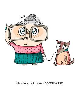 elderly woman with a dog on a leash curiosity, interest, surprise Grandmother wearing glasses a sweater and a skirt Pet care assistant Vector hand-drawn stock illustration on white isolated background
