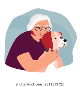 Elderly woman with a dog.Smiling female character hugs a pet with love and care. A gray-haired old lady with glasses.Grandmother with cute animal .Vector cartoon flat style illustration on white.