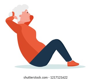 elderly woman doing abs exercises. Healthy lifestyle. Flat cartoon illustration vector set. Active sport concept set.