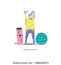 Elderly woman doing exercises. Handdrawn illustration made in vector. Health care concept.