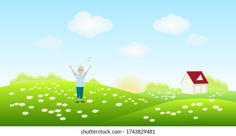 An elderly woman is doing exercises on the front lawn. Vector illustration.