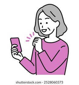 elderly woman doing a fist pump while looking at his smartphone screen