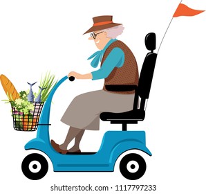 Elderly Woman Doing Grocery Shopping On A Mobility Scooter, EPS 8 Vector Illustration