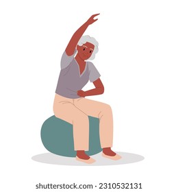 Elderly woman doing healthy physical exercise for back and neck in yoga workout vector illustration. Cartoon isolated grandmom sitting on chair to stretch, training flexible body with gymnastics