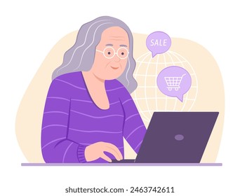 Elderly Woman Doing Online Shopping on Laptop for E-Commerce Concept Illustration