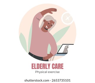 Elderly woman doing stretching exercises while following a tablet workout, flat vector concept for senior physical activity, rehabilitation, or health and wellness support.