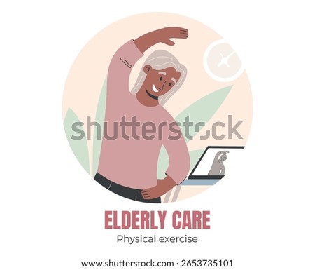 Elderly woman doing stretching exercises while following a tablet workout, flat vector concept for senior physical activity, rehabilitation, or health and wellness support.