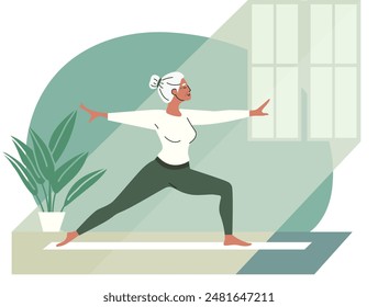 An elderly woman is doing yoga. Gray-haired woman stands in Virabhadrasana II pose. Woman does physical exercise. Healthy lifestyle. Sports at home