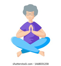 Elderly woman doing yoga in lotus pose, old lady doing sport exercise and meditation. Female flat character, isolated figure on white background, vector illustration