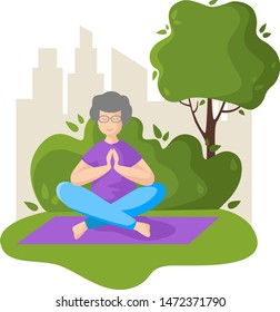 Elderly woman doing yoga in park outdoor, old lady in lotus position doing exercise and meditation. Female character in flat style, vector illustration