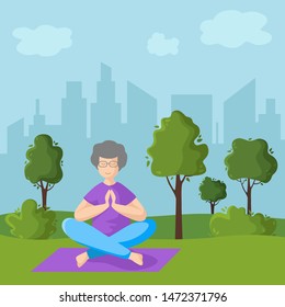 Elderly woman doing yoga in park outdoor, old lady in lotus position doing exercise and meditation. Female character in flat style, vector illustration