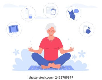 Elderly woman doing yoga, sitting in the lotus position. Healthy lifestyle in old age. Fitness, yoga, healthy eating and daily routine. 