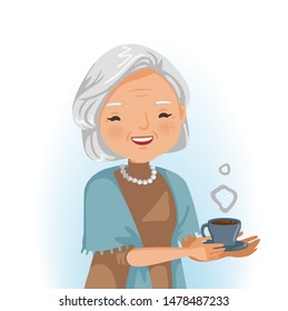 
Mujer mayor bebiendo. Ella está sosteniendo un vaso de bebida caliente. Adulto sonriente. Retrato de hermosa abuela en emoción relajante. Concepto de negocio después de la jubilación. Ilustración vectorial aislada.