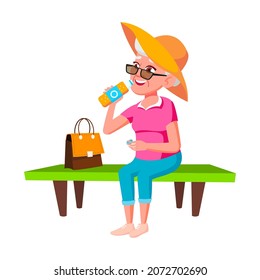 Elderly Woman Drinking Soda Water In Park Vector. Caucasian Old Lady Sitting On Park Bench And Drinking Refreshment Sweet Water From Bottle. Character Enjoy Juicy Beverage Flat Cartoon Illustration