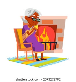 Elderly Woman Drinking Tea In Living Room Vector. Indian Old Lady Sitting In Chair Near Fireplace And Drink Hot Tea. Character Mature Person Enjoy Delicious Beverage At Home Flat Cartoon Illustration