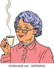 Elderly Woman Drinking Tea. Pop Art Retro Vector Illustration 50s 60s Style