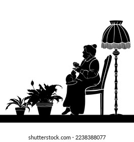 An elderly woman drinks tea while sitting in an armchair at home. vector illustration