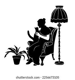 An elderly woman drinks tea while sitting in an armchair at home. vector illustration