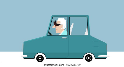 Elderly woman driving a car, EPS 8 vector illustration