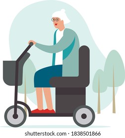 Elderly woman driving mobility scooter. Park area in the background. Flat cartoon character