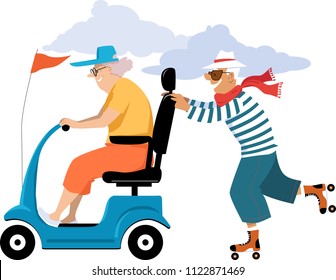 Elderly woman driving a mobility scooter, her male companion roller skating behind her, EPS 8 vector illustration