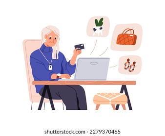 Elderly woman during internet shopping at computer. Senior female buying, ordering, paying for purchase with credit card in online store. Flat graphic vector illustration isolated on white background