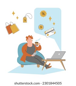 Elderly woman during internet shopping at computer. Senior female buying, ordering, paying for purchase with credit card in online store. Flat graphic vector illustration isolated on white background