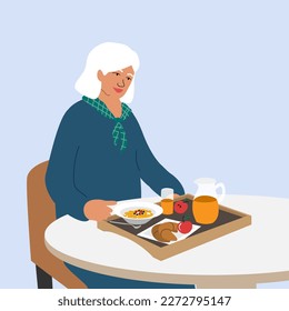  Elderly woman eating healthy food . Concept of health care, happiness, goodmood of elderly people . Harmony and Balance life on the retirement. Flat Vector illustration