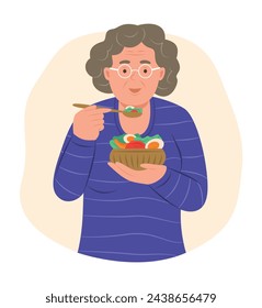 Elderly Woman Eating Salad for Healthy Eating Concept Illustration