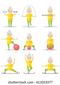 An elderly woman is engaged in gymnastics. Exercises with exercise equipment in the gym. Cartoon flat vector illustration.