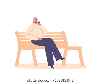 Elderly Woman Enjoying A Cup Of Coffee On A Peaceful Bench, Aged Female Character Savoring The Moment