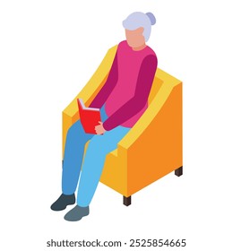 Elderly woman enjoying her retirement relaxing on a comfortable chair while reading a book