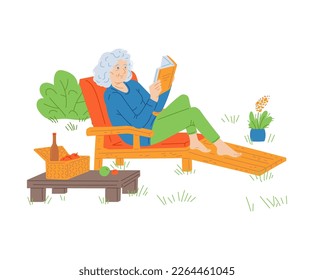 Elderly woman enjoying lunch or picnic in outdoor recreation glamping facility, flat vector illustration isolated on white background. Leisure and recreation in glamping.