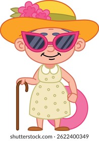 Mulher idosa Desfrutando de férias de verão com um chapéu de sol e óculos escuros