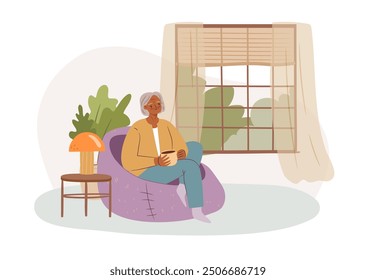 Elderly woman enjoying tea at nursing home.