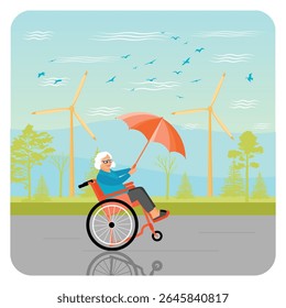 An elderly woman enjoys a sunny day near a wind turbine, sitting in her wheelchair holding an umbrella blowing in the wind. Sustainable energy concept.