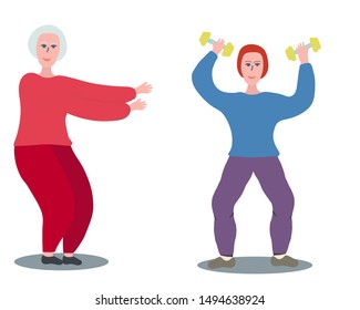 Elderly woman exercising in gym with dumbbell. Healthy lifystyle concept. Flat cartoon style. Vector illustration.