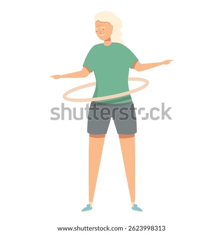 Elderly woman is exercising with a hula hoop, promoting an active and healthy lifestyle in old age