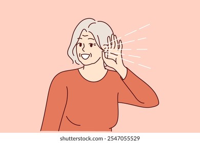 Elderly woman experiences deafness and puts hand to ear to hear interlocutor. Gray-haired lady needs to treat deafness and buy hearing aid, or overhears gossip of neighbors discussing secrets