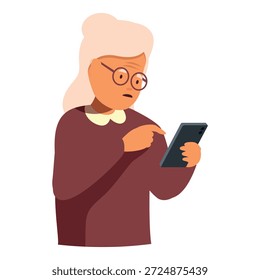 Mujer mayor que experimenta dificultades usando un smartphone, apuntando a la pantalla con una expresión desconcertada