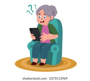 An elderly woman is experiencing problems with technology. elderly woman and gadget. Vector illustration concept.