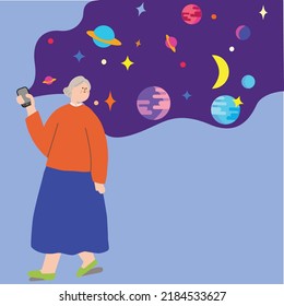 An elderly woman with an extraterrestrial atmosphere with stars.