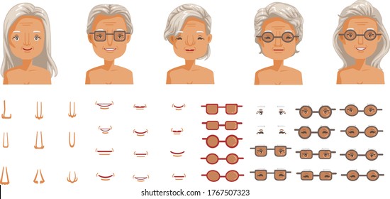 Elderly woman face set. Elderly woman head character creation. Eye, mouth, nose, eyebrows, glasses and hairstyles. The old woman's smiling face. vector