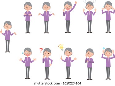 Elderly woman facial expression pose set