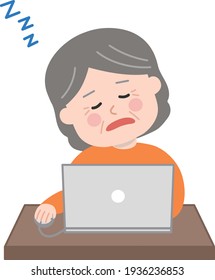 Elderly woman falling asleep while using a laptop computer. Vector illustration isolated on white background.