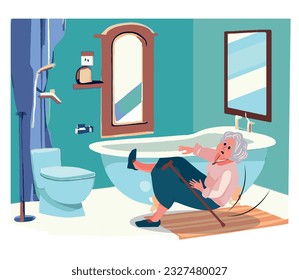 elderly woman falling in the bathroom, domestic accident concept. vector illustration.