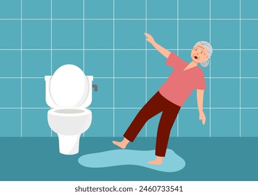 Elderly woman falling in the bathroom, domestic accident concept.